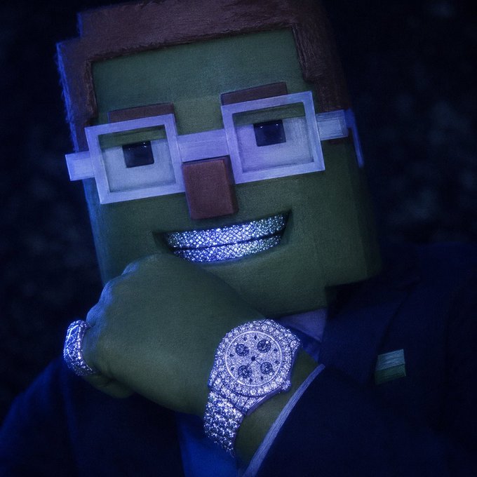 The image features a plush Minecraft Steve toy adorned with diamond-rimmed glasses and an oversized diamond-encrusted watch, smiling as if reveling in luxury. This fits the caption "Stonkbroker ATH btw" (Stonks broker All-Time High, by the way), as the blinged-out figure visually embodies a wealthy stockbroker celebrating a record-breaking market high.