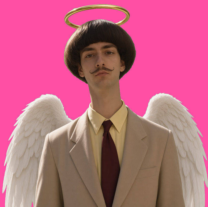 A man with a bowl haircut, mustache, golden halo, and white angel wings wears a beige suit with yellow shirt and burgundy tie against a bright pink background.