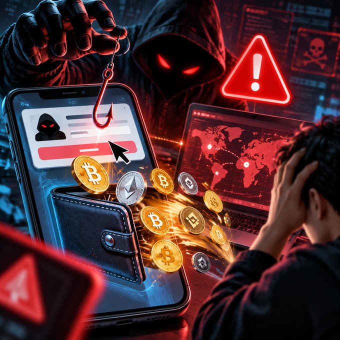A digital composite illustration depicting cryptocurrency theft and phishing scams, featuring a hooded hacker with glowing red eyes, a phishing hook over a smartphone login page, cryptocurrency coins falling from a wallet, and warning symbols.