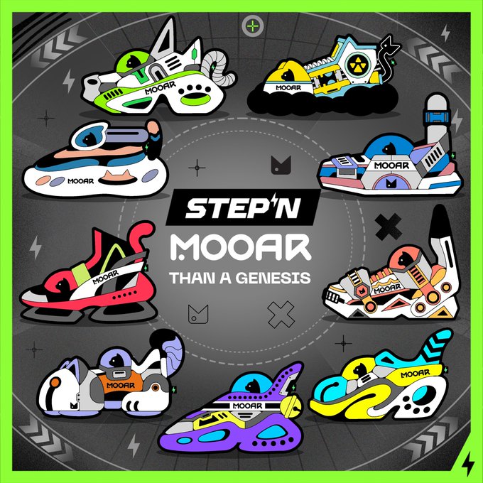 Promotional graphic for STEP'N MOOAR sneakers featuring eight stylized shoe designs arranged in a circle around the text 'STEP'N MOOAR THAN A GENESIS'.