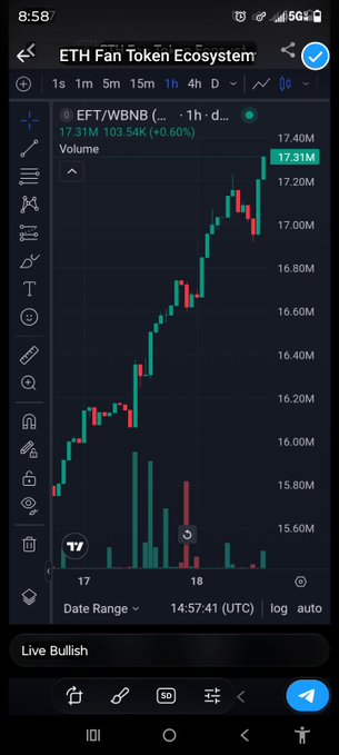 A mobile app screenshot displays a TradingView chart titled 'ETH Fan Token Ecosystem' showing the EFT/WBNB trading pair in a 1-hour timeframe with bullish momentum.