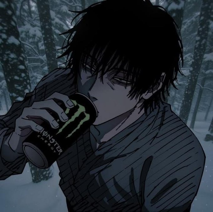 An anime-style illustration depicts a dark-haired man with an intense expression drinking from a black Monster Energy can in a snowy forest setting.