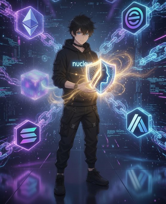 An anime-style illustration depicts a young man with dark hair, wearing a black hoodie with the word 'nucleus' on it, holding a glowing shield and standing in a cyber-themed environment with floating cryptocurrency logos, including Ethereum and Solana, connected by chains.