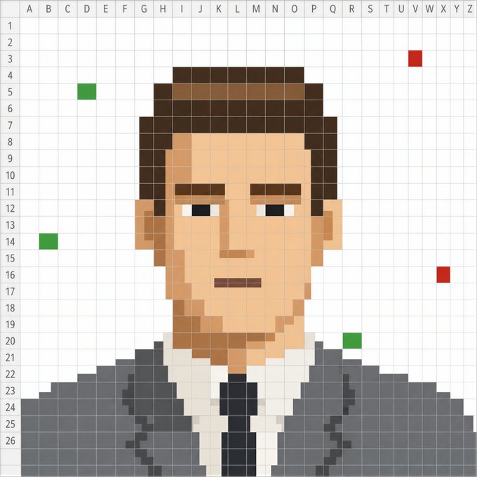 A pixel art portrait of a man in a suit, displayed on a grid that highlights the green and red coordinates used to create the image.