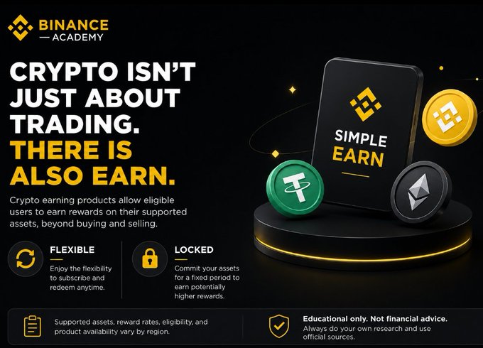 The image is a Binance Academy promotional graphic featuring the headline "Crypto Isn't Just About Trading. There Is Also Earn," showcasing Simple Earn products with visual representations of Tether (USDT), Binance Coin (BNB), and Ethereum (ETH) tokens displayed alongside a smartphone. It also highlights two earning options—Flexible (subscribe and redeem anytime) and Locked (commit assets for a fixed period for higher rewards)—reinforcing the post's message that crypto earning products offer alternatives beyond traditional trading for eligible users.
