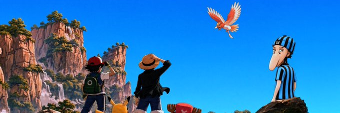 An animated scene shows two characters and a Pikachu looking up at a flying bird-like creature, while a referee character in a black-and-white striped shirt stands on a rock to the right against a bright blue sky.