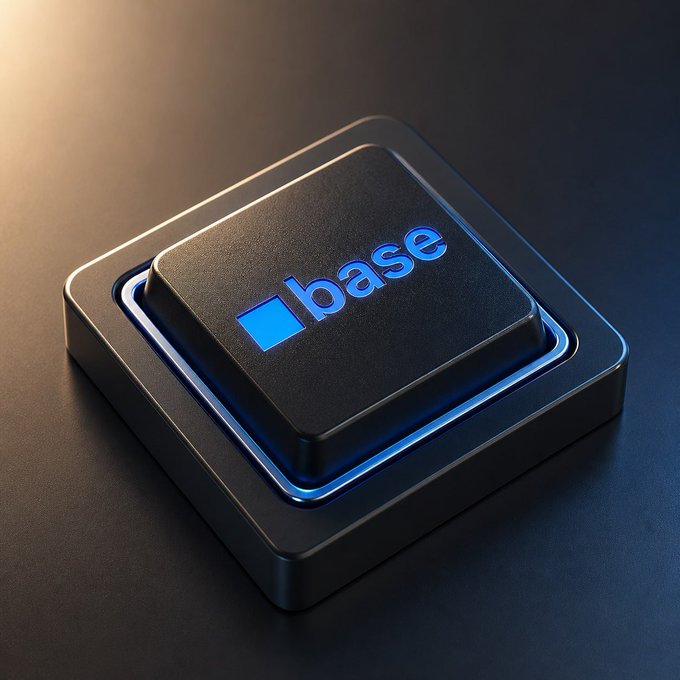 The image features a square black button with blue lighting that says "Base" written on it. The button appears to be lit up against a dark background, drawing attention to its presence. The text above the button reads "Base keeps proving that onboarding the next billion users to crypto starts with simplicity More builders. More onchain activity @base". This message suggests that the button is related to a platform or service named Base and emphasizes the importance of simplicity in the onboarding process for new users to cryptocurrency platforms.