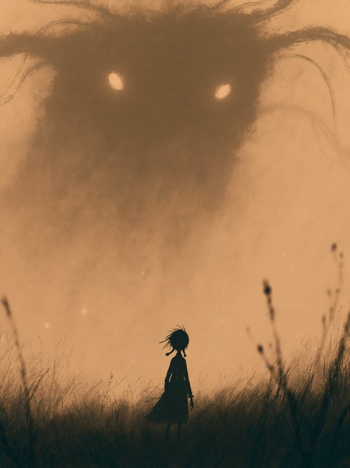 A sepia-toned illustration showing a small silhouetted figure in a dress standing in a field, facing a massive shadowy entity with glowing eyes looming above.