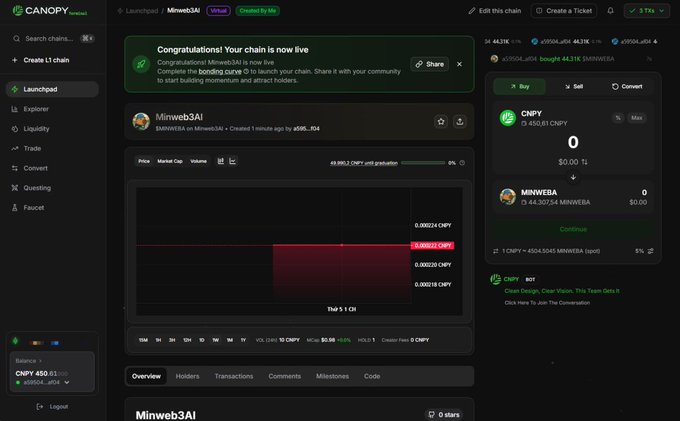 A screenshot of the Canopy Network platform showing a newly created chain called 'Minweb3AI' ($MINWEBA) on the Virtual tab, with a congratulatory message and token trading interface.