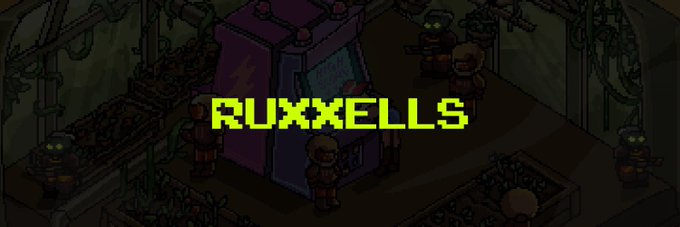 The image displays a pixel-art scene of a dark sci-fi or industrial room with figures in hazmat-style suits gathered around machinery, with the bold yellow-green title "RUXXELLS" overlaid in the center. It relates to the post as a promotional graphic for the @ruxxellsHQ free claim event, where the pixel-art aesthetic and the prominent "RUXXELLS" branding reinforce the project's identity to attract participants to drop their EVM wallets.