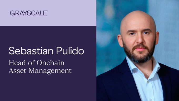 A professional headshot of Sebastian Pulido, Head of Onchain Asset Management at Grayscale, displayed alongside the Grayscale logo. The image accompanies his announcement of joining the company to help build the next generation of onchain asset management.