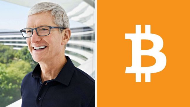 Apple CEO Tim Cook is pictured smiling alongside the Bitcoin logo on an orange background, visually reinforcing his statement about owning Bitcoin and the ongoing speculation around Apple's potential future integration of cryptocurrency.