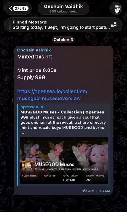 The image shows a Telegram post by "Onchain Vaidhik" announcing they minted the MUSEGOD Muses NFT collection at 0.05 ETH with a supply of 999, linking to the OpenSea listing. This relates to the accompanying post documenting the mint activity at the 0.05 ETH price point, noting the 6 NFTs purchased during the public phase despite initial hesitation due to the mint price.