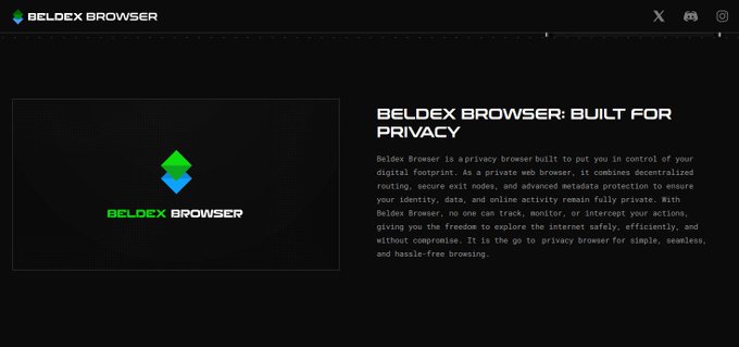 A webpage for Beldex Browser with text describing it as 'BUILT FOR PRIVACY,' emphasizing decentralized routing, secure exit nodes, and metadata protection.