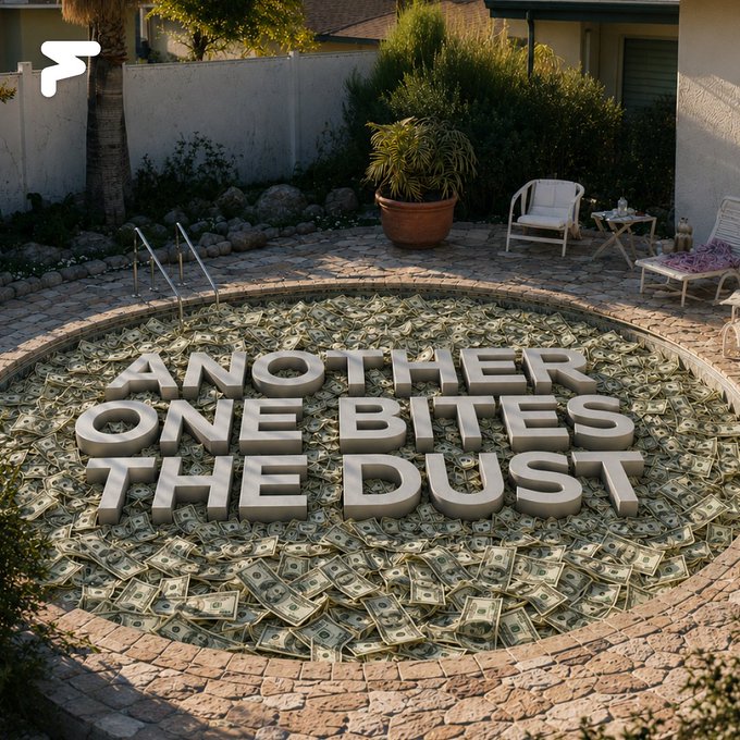 A backyard pool is filled with scattered cash instead of water, overlaid with bold 3D text reading "ANOTHER ONE BITES THE DUST." The image visualizes the post's message about crypto projects failing not from lack of funding but from a lack of product-market fit—pouring capital into empty pools that yield the same dead results.