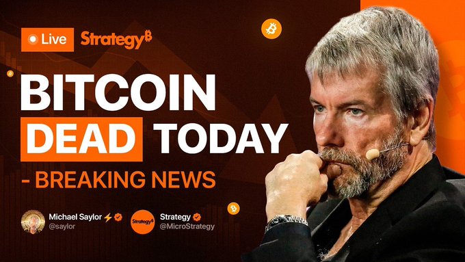 The image features a man with a beard wearing a black suit, sitting down and looking at something off-camera while holding his hand up to his mouth. The background of the image has an orange and brown color scheme, which complements the man's attire. The text in the image reads "Live Strategy" followed by "BITCOIN DEAD TODAY". Below this, there is a caption that says "BREAKING NEWS - Michael Saylor on Twitter".