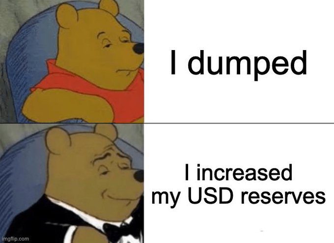 This meme contrasts Winnie the Pooh looking disappointed after saying "I dumped" with him looking smug after saying "I increased my USD reserves," implying that dumping assets to increase USD reserves is a strategic and successful move.