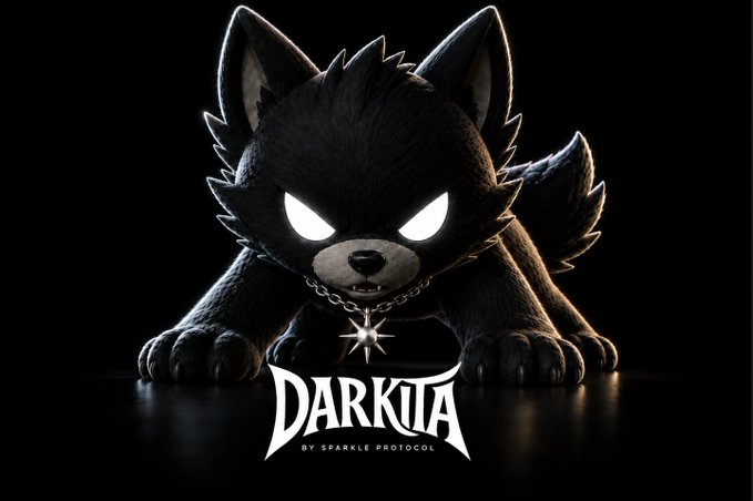A dark, stylized 3D rendering of a fierce black cat creature with glowing white eyes and a spiked star pendant, crouched in an aggressive stance, accompanied by the "DARKITA by Sparkle Protocol" logo. The gothic aesthetic visually reinforces the post's announcement of DARKITA as the first NFT spanning Ethereum, Bitcoin, and private modes.
