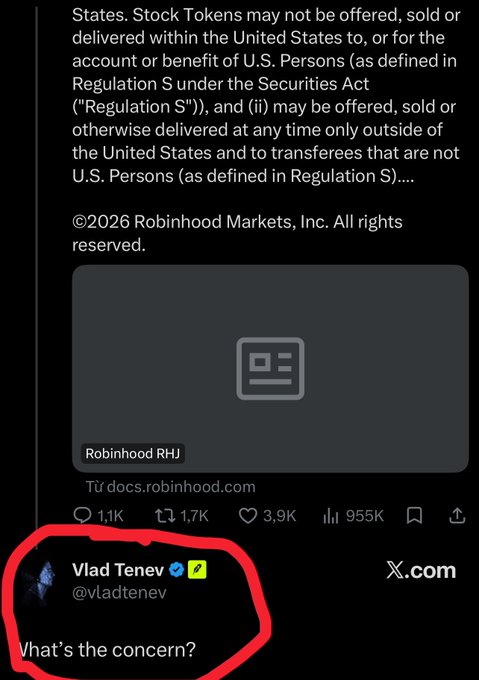 The image displays a Robinhood post by Vlad Tenev (@vladtenev) with the text "What's the concern?" circled in red, responding to AMC CEO Adam Aron's FUD about Robinhood's tokenized real-world assets initiative, including AMC Entertainment Stock Tokens.