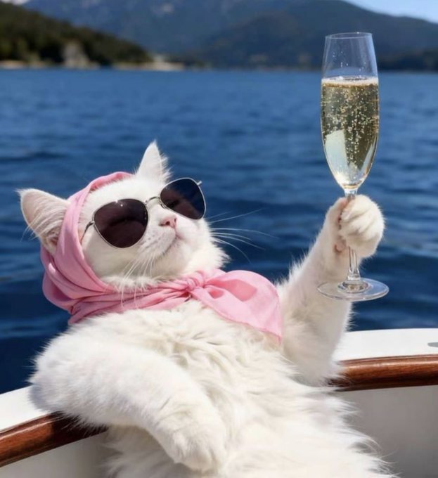 A fluffy white cat wearing pink sunglasses and a pink headscarf lounges on a boat, raising a champagne glass in a celebratory toast. The image complements the post's tone by visually capturing a moment of success and celebration, aligning with the announcement of LitecoinVM crossing 200M transactions on LiteForge.