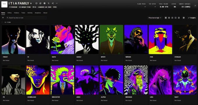 The image shows a screen capture of the "ITIA FAMILY" NFT marketplace page displaying a collection of 23 items with vibrant psychedelic digital art featuring portraits of figures rendered in neon purples, greens, and oranges. The page shows various artwork listings including "FRIDAY," "TV," "INKO," "GOOZLY," "MYER," "NIPPOM," "PINK," "STABLIZE," "FF," "DOWNLOAD," "MONSTER," "ANTS," "ALPHA," "BROWN," "LORA," and "HAUTE," supporting the post's message of bullish NFT community engagement.