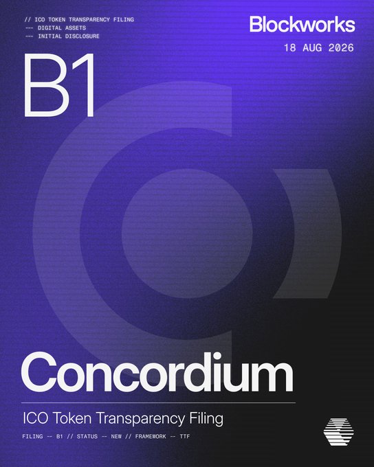 A Blockworks graphic dated 18 Aug 2026 shows Concordium’s “B1” ICO Token Transparency Filing, marked “Complete” with no gaps. It references the $CCD token, live since 9 June, and frames Concordium as an AI and blockchain infrastructure platform for the agentic economy.