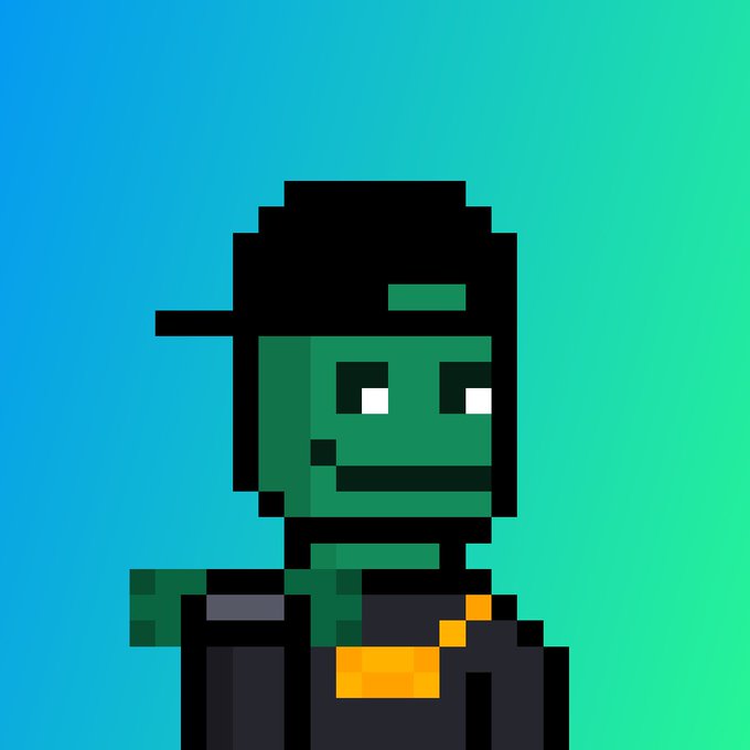 A pixel art character with green skin, dark hair, and overalls is depicted against a vibrant blue and green gradient background.
