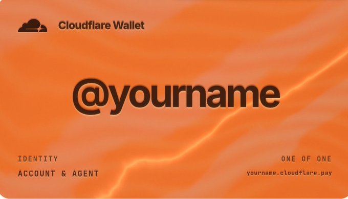 A promotional banner for "Cloudflare Wallet" with the placeholder handle "@yourname" on an orange background, described as an "IDENTITY ACCOUNT & AGENT" available at yourname.cloudflare.pay.