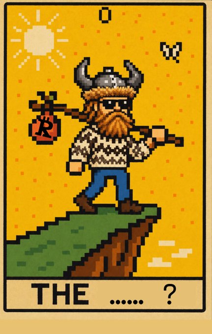 Pixel art of a bearded Viking wearing a horned helmet and sunglasses, carrying a red bag with a Bitcoin symbol, labeled 'THE ...... ?'