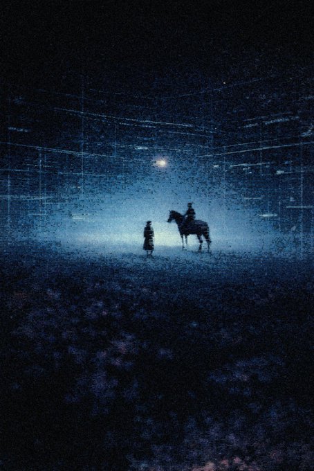Two silhouetted figures, one on horseback, stand in a misty, atmospheric void illuminated by a single distant light.
