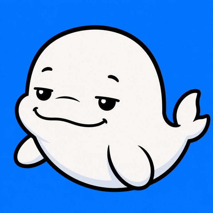 Cartoon illustration of a smug-looking white ghost-like character with half-closed eyes and a slight smile on a bright blue background.