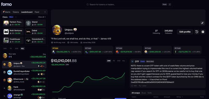 A screenshot of the Fomo crypto trading platform showing the profile of trader 'Unipics' (@unipics) with a total profit of $10,010,061.88, featuring a green portfolio chart and a quote from James 4:15.