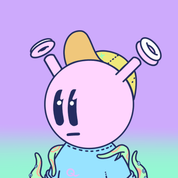 A pink cartoon character with big eyes, wearing a yellow cap and blue shirt, with weightlifting-style handles emerging from its head, set against a pastel purple-to-green gradient background.