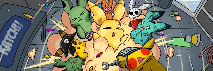 A vibrant cartoon image shows various Pokémon-like creatures bursting joyfully from an explosion of confetti and streamers, while a yellow Pikachu-like character with a robotic arm exclaims "KATCHI!" on the left. The playful celebration imagery complements the post's cheerful "GM" (Good Morning) greeting to fellow Ordinals community members, capturing the energetic and fun-loving spirit of a Sunday morning crypto greeting.
