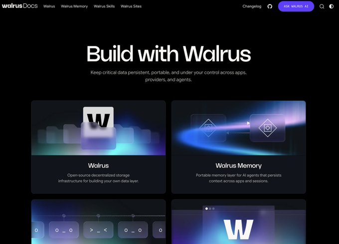 Walrus Docs website homepage featuring the tagline 'Build with Walrus' and product tiles for Walrus (open-source decentralized storage) and Walrus Memory (portable memory layer for AI agents).