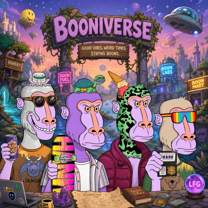 A colorful 'BOONIVERSE' NFT/crypto project promotional artwork featuring cartoon apes with various accessories, a turtle, and text reading 'GOOD VIBES. WEIRD TIMES. STRONG BOONS.'