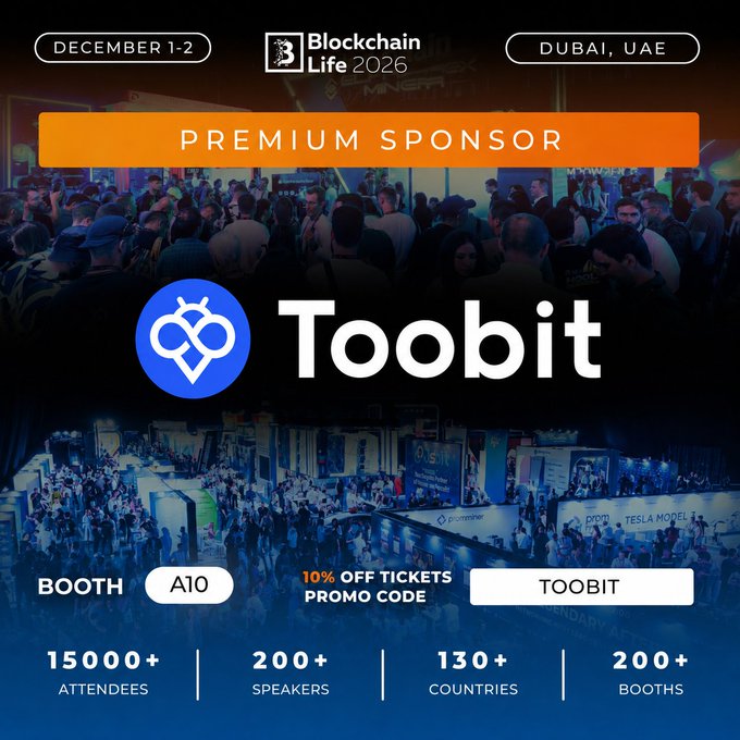 Promotional banner for Toobit as a Premium Sponsor of Blockchain Life 2026 (December 1-2, Dubai, UAE), offering 10% off with promo code TOOBIT at booth A10.