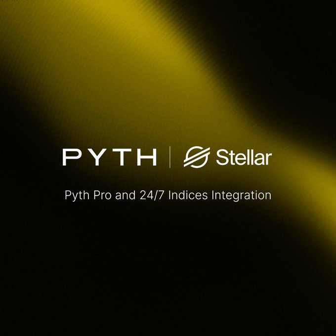 A dark graphic with a yellow light sweep features the "PYTH | Stellar" logos alongside the text "Pyth Pro and 24/7 Indices Integration," visually announcing the deployment of Pyth Network's price feeds onto the Stellar mainnet for Soroban smart contracts.