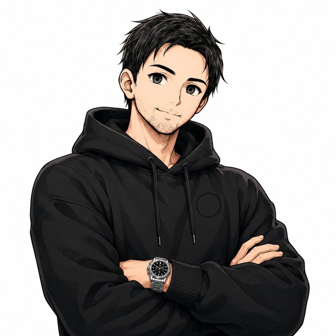 An anime-style illustration of a young man with dark hair and light stubble wearing a black hoodie with arms crossed, wearing a wristwatch.