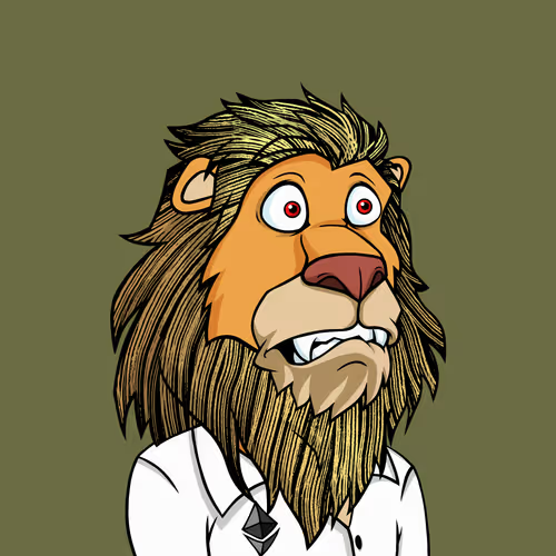 A cartoon illustration of a wide-eyed lion wearing a white shirt and tie against an olive green background.