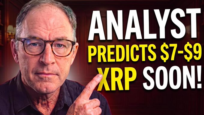 An older man with glasses points to bold text reading "ANALYST PREDICTS $7-$9 XRP SOON!" aligning with the post's claim of an XRP analyst forecasting a $7-$9 price target, tied to a YouTube video discussing the Clarity Act 1996 moment.