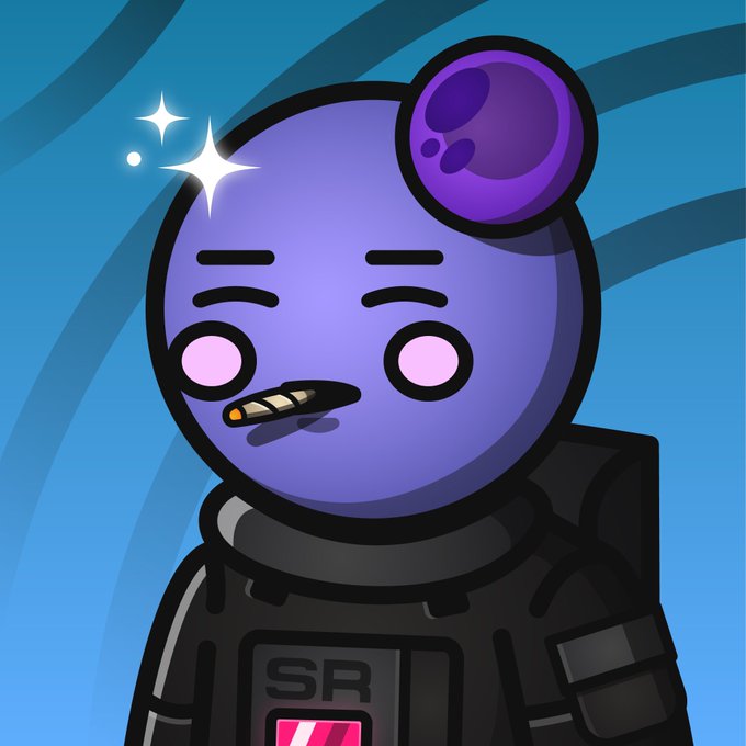A cartoon-style illustration of a purple round-headed character with a bump on its head, holding a lit cigarette, with sparkle effects and an 'SR' emblem on its chest.