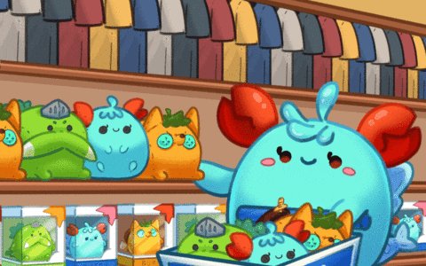 The image features a cartoon crab sitting inside a blue shopping cart, surrounded by various toys displayed around it. There are at least 13 different types of toys visible in the scene, including stuffed animals, action figures, and other playthings. The toys appear to be arranged on shelves or stands, creating an engaging and colorful environment for children who enjoy playing with these items.