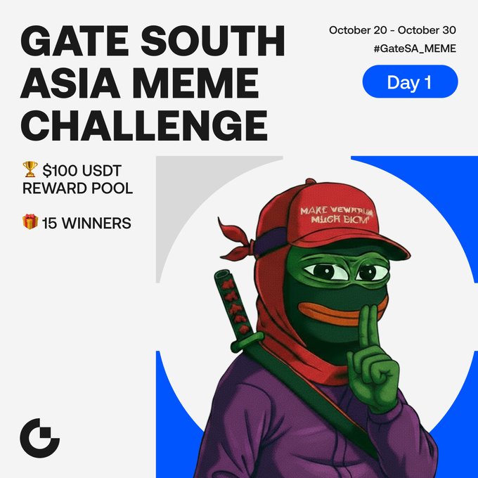 A promotional graphic for the “GATE SOUTH ASIA MEME CHALLENGE” announces October 20–30, “#GateSA_MEME,” “Day 1,” a “$100 USDT REWARD POOL,” and “15 WINNERS,” alongside a cartoon turtle-like ninja character.