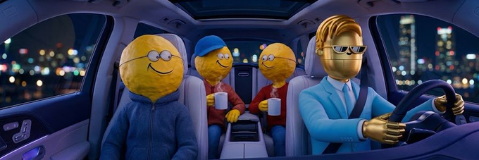A surreal digital illustration of yellow smiley-face characters riding in the back of a luxury car driven by a blonde man in a blue suit and sunglasses at night.