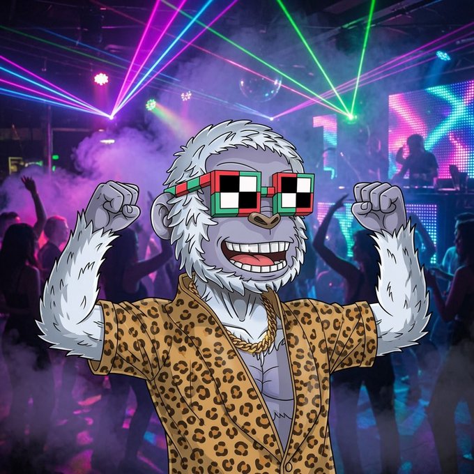 A vibrant digital illustration of a cartoon monkey wearing pixelated red-green sunglasses and a leopard print shirt, dancing enthusiastically at a nightclub with colorful laser lights and a crowd in the background.