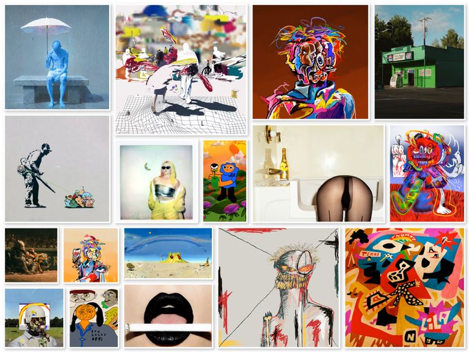 This collage features a diverse array of artworks, including a blue figure under an umbrella and a Banksy-style stencil, visually representing the theme "Collectors collect" through its diverse assembly, with visible text "YOUR ARTS" on a shirt and "LARGE PRINT" on a building sign.