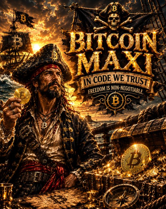 A pirate holding a Bitcoin coin stands before a treasure chest filled with gold and Bitcoin logos, with text reading 'BITCOIN MAXI IN CODE WE TRUST FREEDOM IS NON-NEGOTIABLE'.