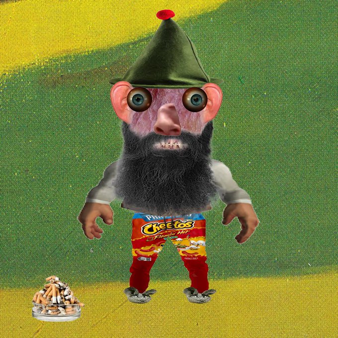 The image features a cartoon character with a beard, wearing a hat that resembles a Cheetos cone. The character has a face painted like a gnome's head and is standing next to a bowl of food. The background of the image is green, which complements the character's outfit. The post includes information about a Gnome-themed event called "Operation Gnomes 100 eth floor" with a list of over 100 gnome characters below 0.01eth floor. There are also suggestions for purchasing and listing gnome characters above this level.