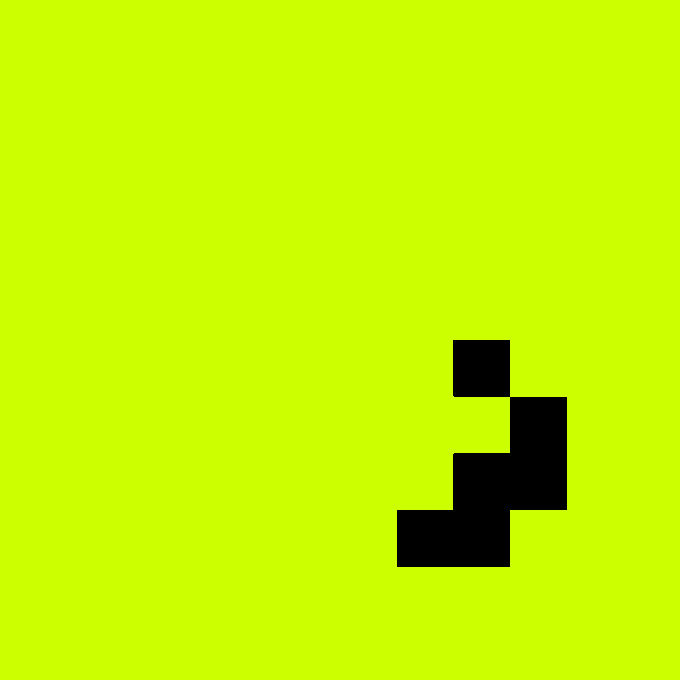 A solid yellow-green background with a small cluster of black pixelated squares in the lower right corner.